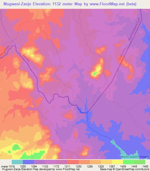 Mugweni-Zanje,Zimbabwe Elevation Map