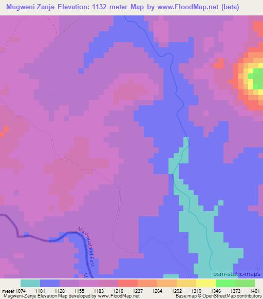 Mugweni-Zanje,Zimbabwe Elevation Map