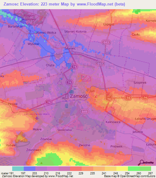 Zamosc,Poland Elevation Map