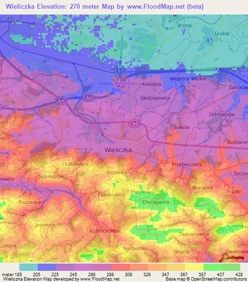 Wieliczka,Poland Elevation Map