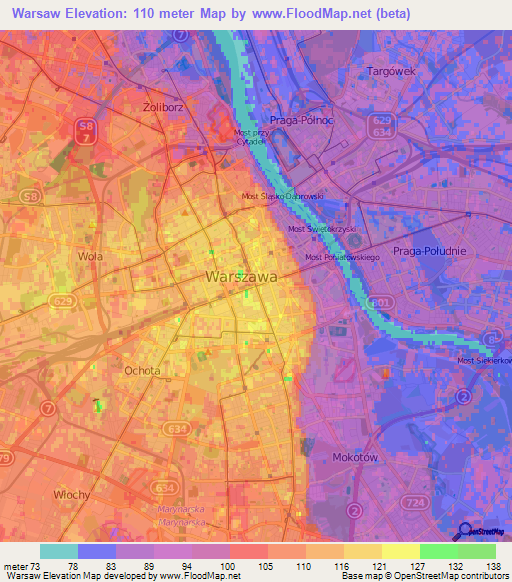 Warsaw,Poland Elevation Map