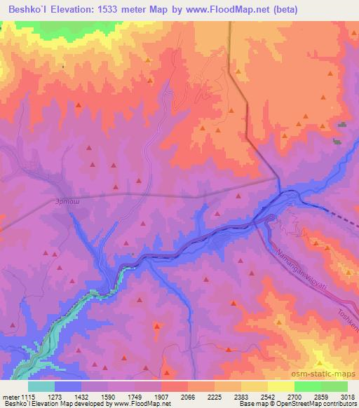 Beshko`l,Uzbekistan Elevation Map