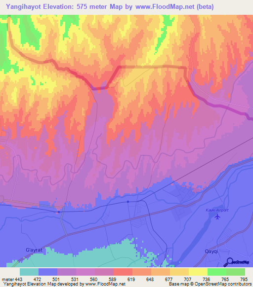 Yangihayot,Uzbekistan Elevation Map