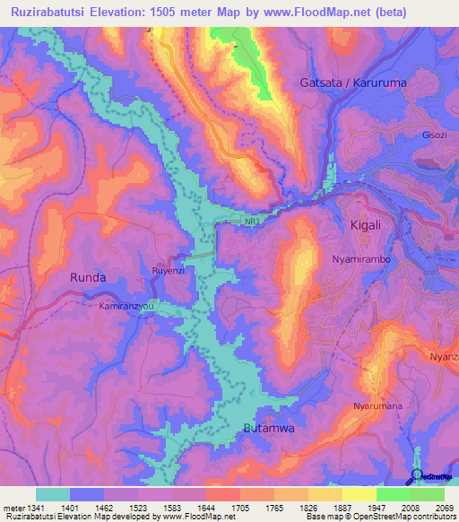 Ruzirabatutsi,Rwanda Elevation Map