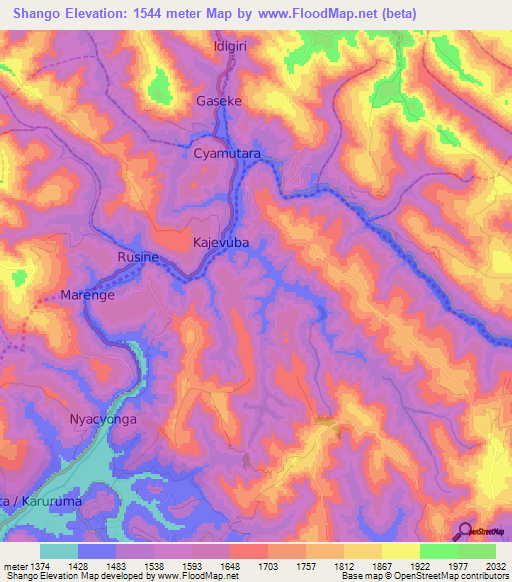 Shango,Rwanda Elevation Map