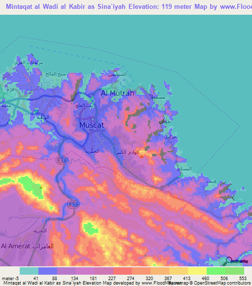 Mintaqat al Wadi al Kabir as Sina`iyah,Oman Elevation Map