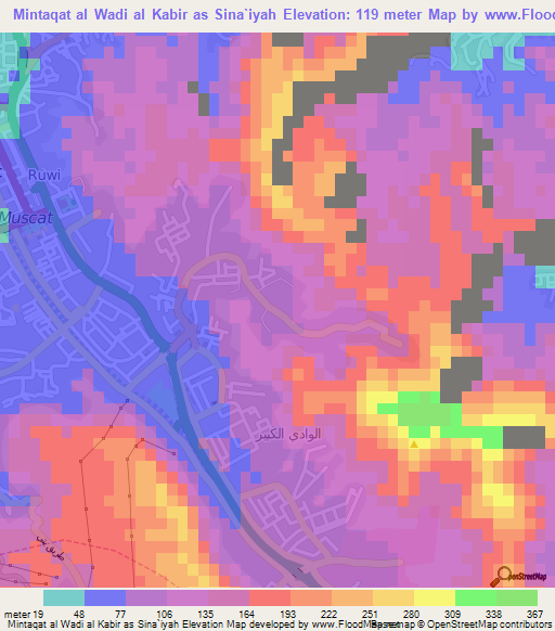 Mintaqat al Wadi al Kabir as Sina`iyah,Oman Elevation Map