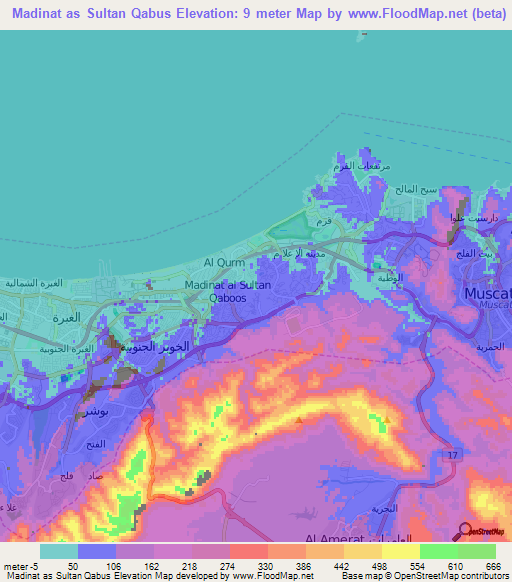 Madinat as Sultan Qabus,Oman Elevation Map