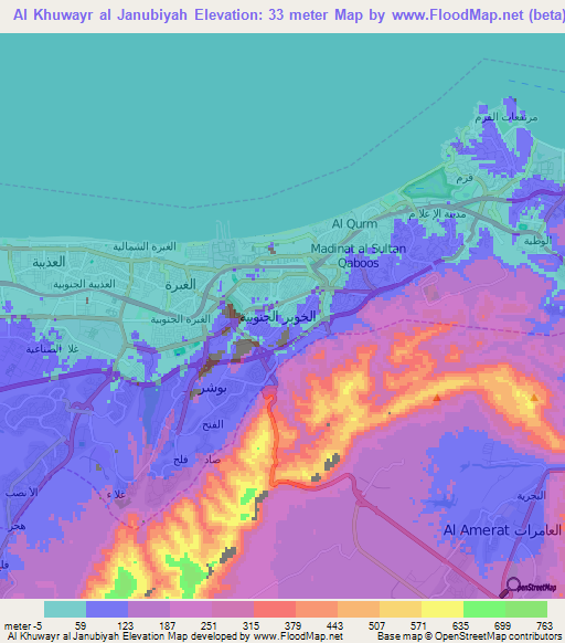 Al Khuwayr al Janubiyah,Oman Elevation Map