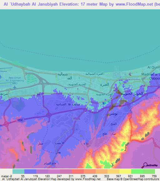 Al `Udhaybah Al Janubiyah,Oman Elevation Map