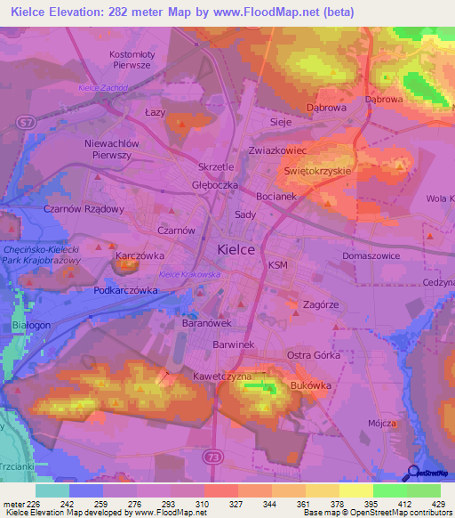 Kielce,Poland Elevation Map