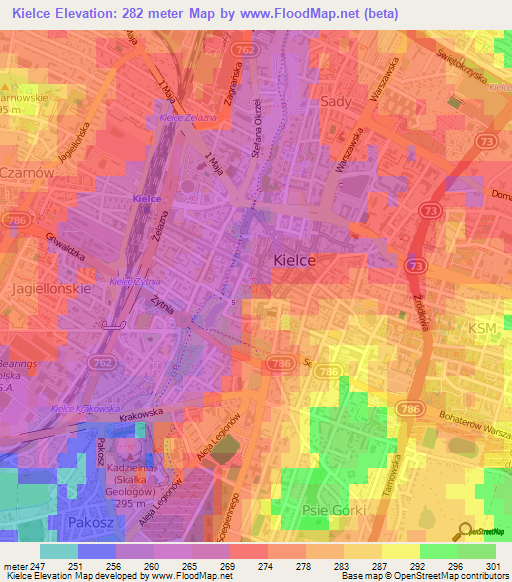 Kielce,Poland Elevation Map