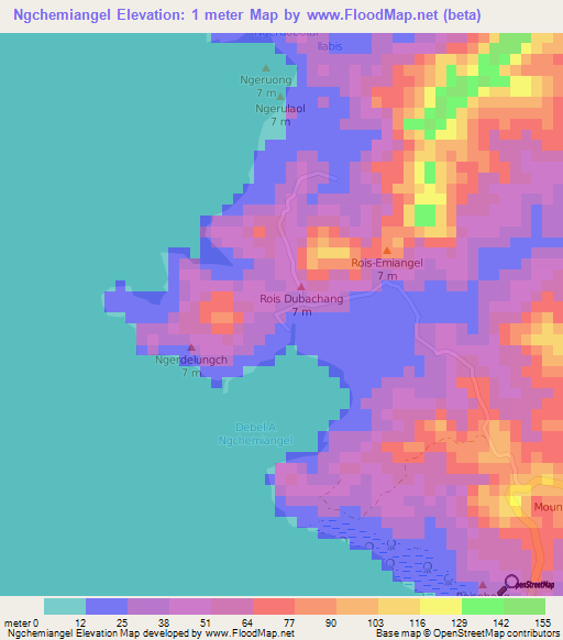 Ngchemiangel,Palau Elevation Map