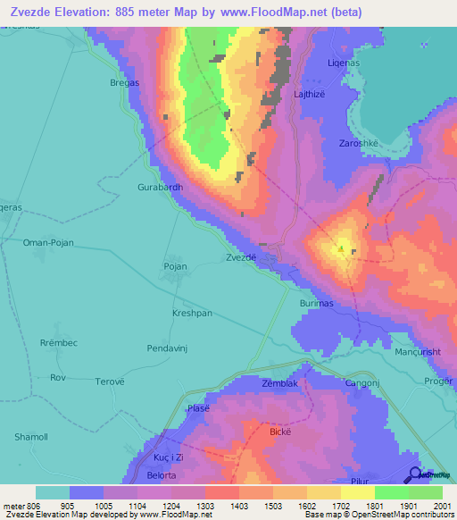 Zvezde,Albania Elevation Map