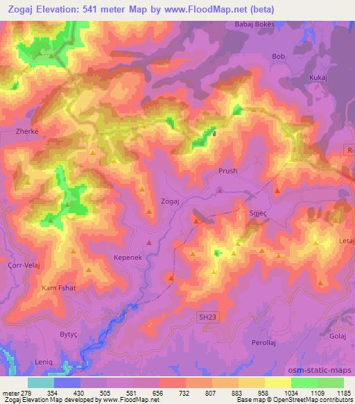 Zogaj,Albania Elevation Map