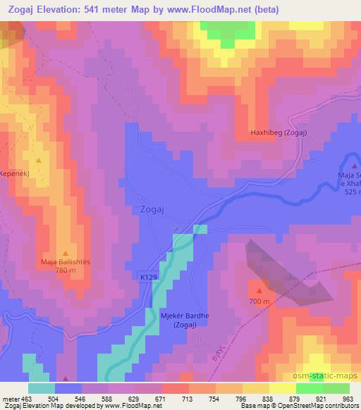 Zogaj,Albania Elevation Map