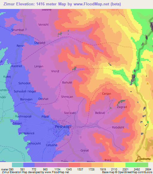 Zimur,Albania Elevation Map