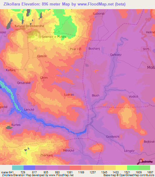 Zikollara,Albania Elevation Map