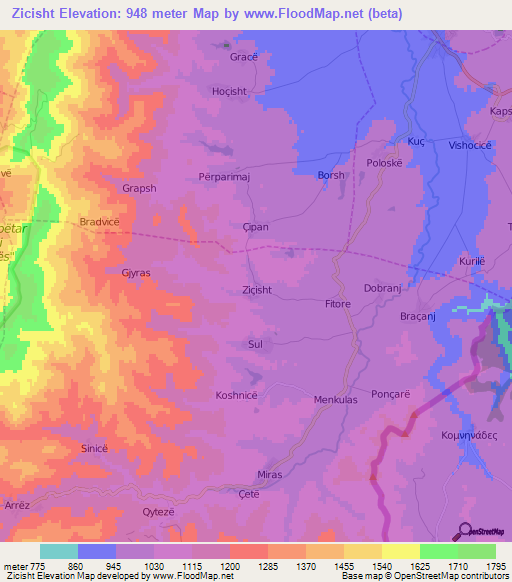 Zicisht,Albania Elevation Map