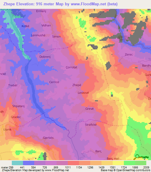 Zhepe,Albania Elevation Map