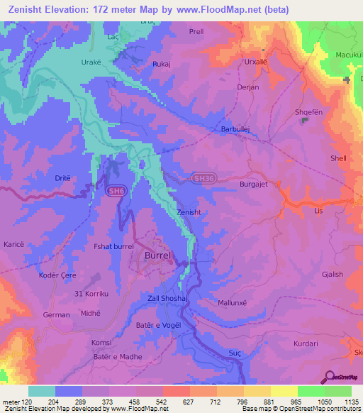 Zenisht,Albania Elevation Map