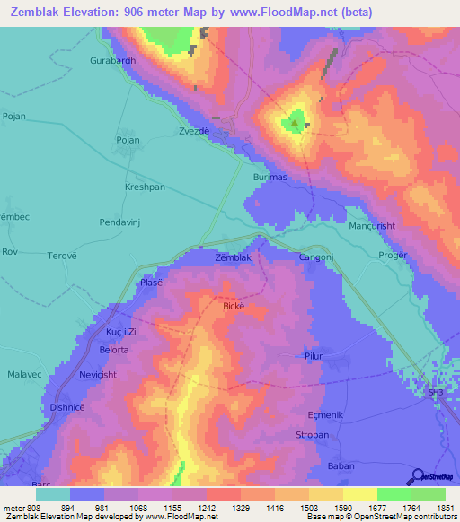 Zemblak,Albania Elevation Map