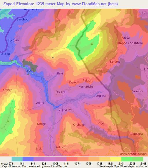 Zapod,Albania Elevation Map