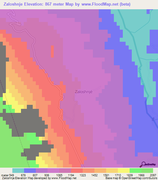 Zaloshnje,Albania Elevation Map