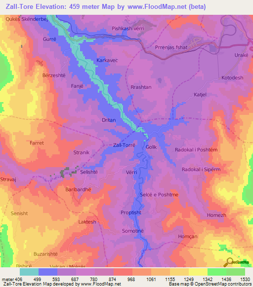 Zall-Tore,Albania Elevation Map