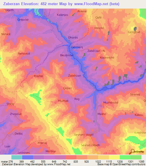 Zaberzan,Albania Elevation Map