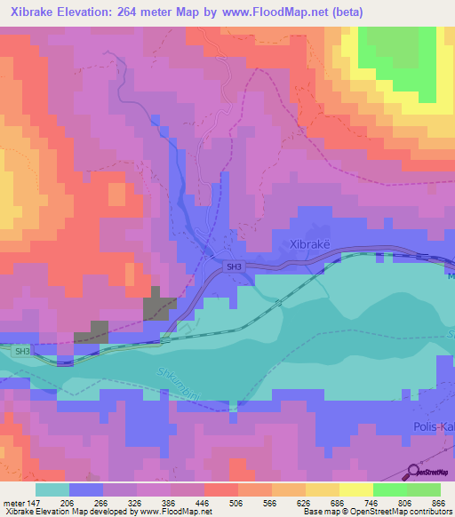 Xibrake,Albania Elevation Map