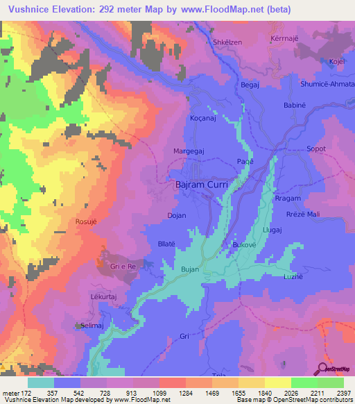 Vushnice,Albania Elevation Map