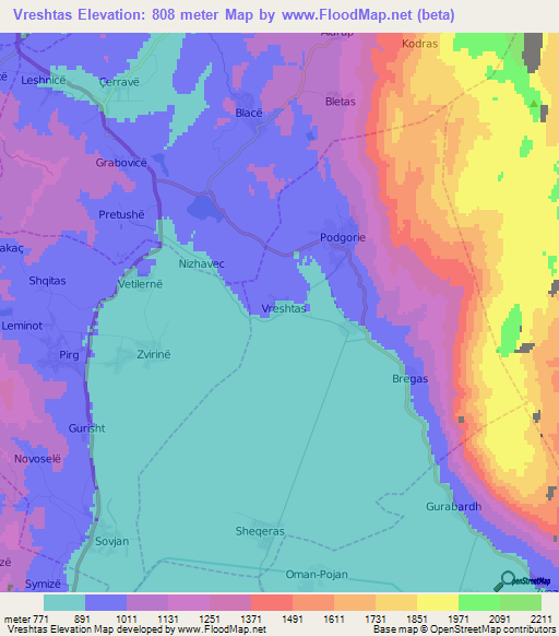 Vreshtas,Albania Elevation Map