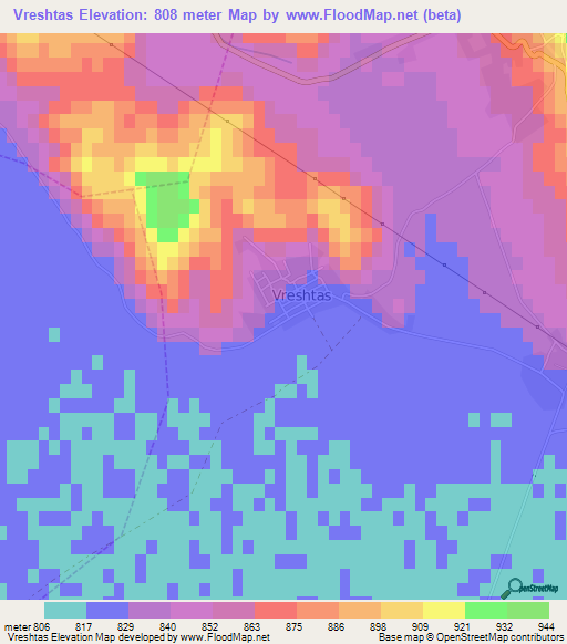 Vreshtas,Albania Elevation Map