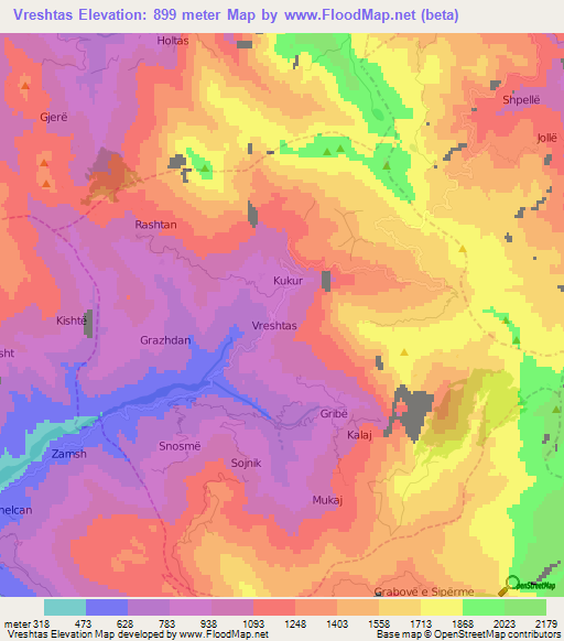 Vreshtas,Albania Elevation Map