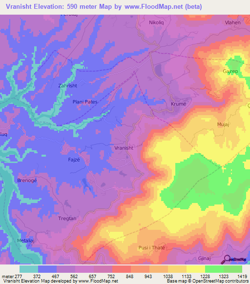 Vranisht,Albania Elevation Map