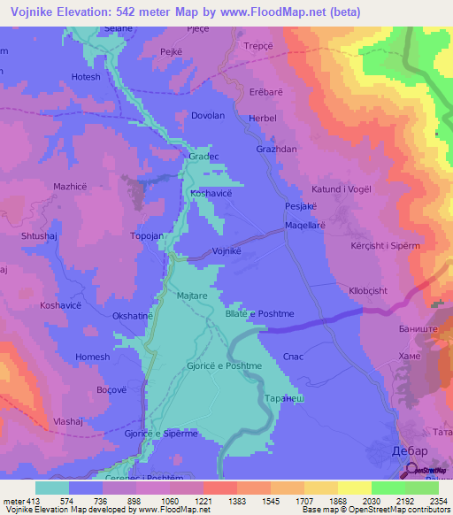 Vojnike,Albania Elevation Map