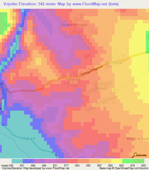 Vojnike,Albania Elevation Map