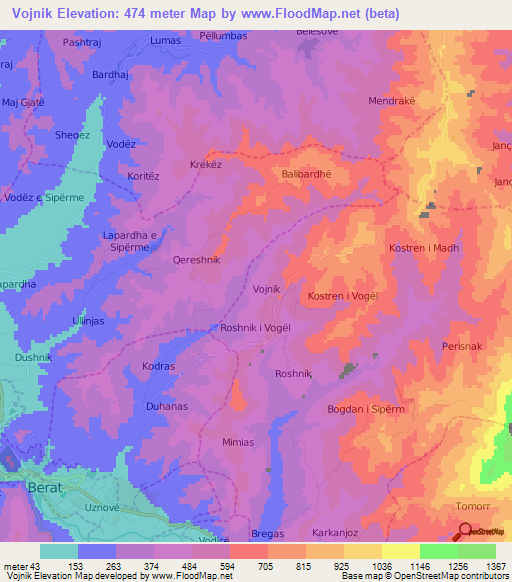 Vojnik,Albania Elevation Map