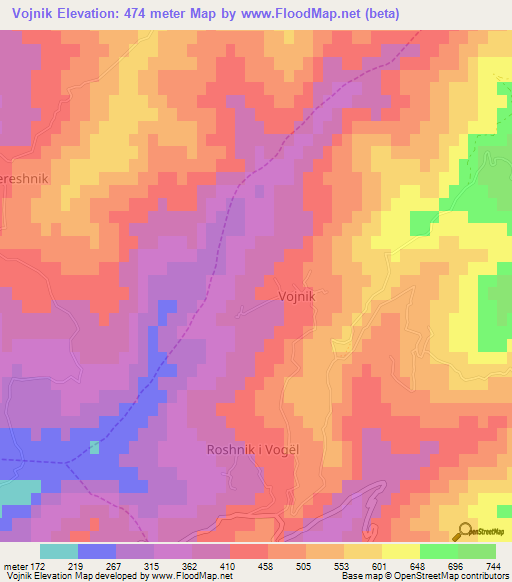 Vojnik,Albania Elevation Map