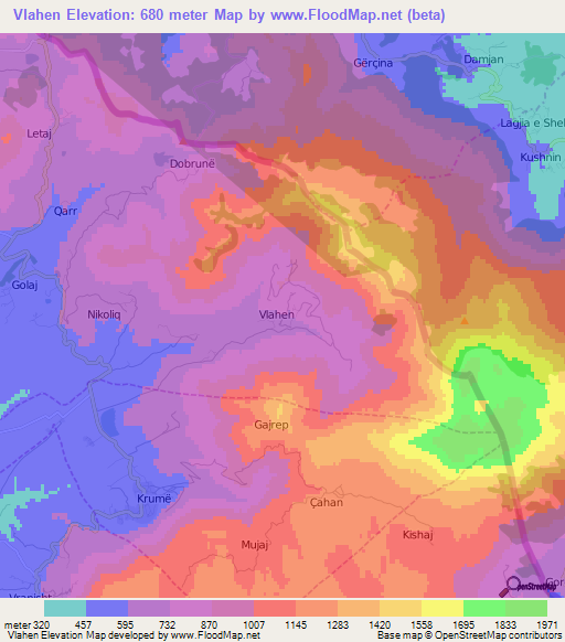 Vlahen,Albania Elevation Map