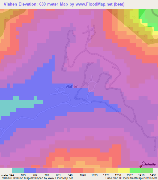 Vlahen,Albania Elevation Map