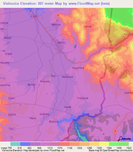 Vishocice,Albania Elevation Map