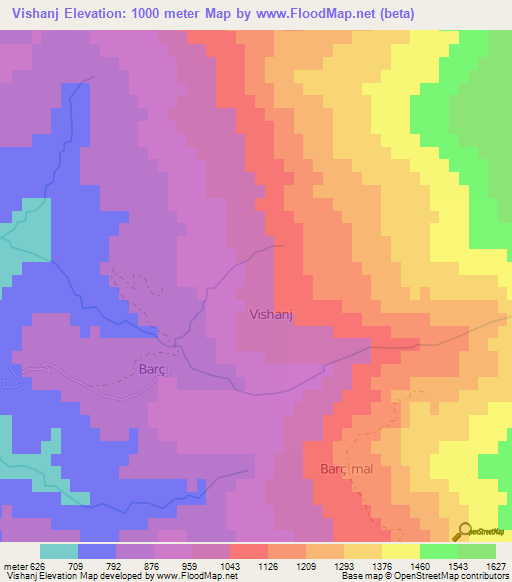 Vishanj,Albania Elevation Map