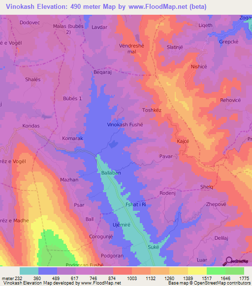 Vinokash,Albania Elevation Map