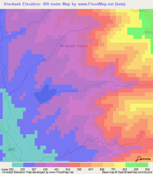 Vinokash,Albania Elevation Map