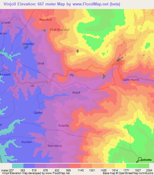 Vinjoll,Albania Elevation Map