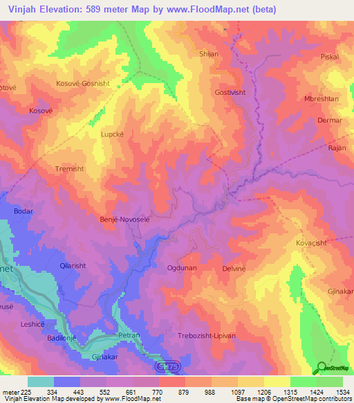 Vinjah,Albania Elevation Map