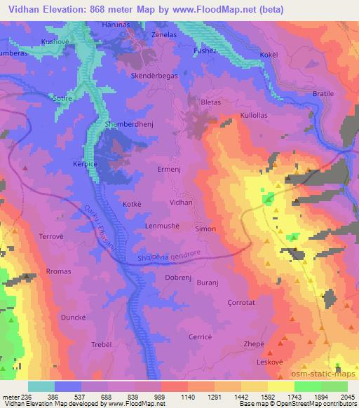 Vidhan,Albania Elevation Map