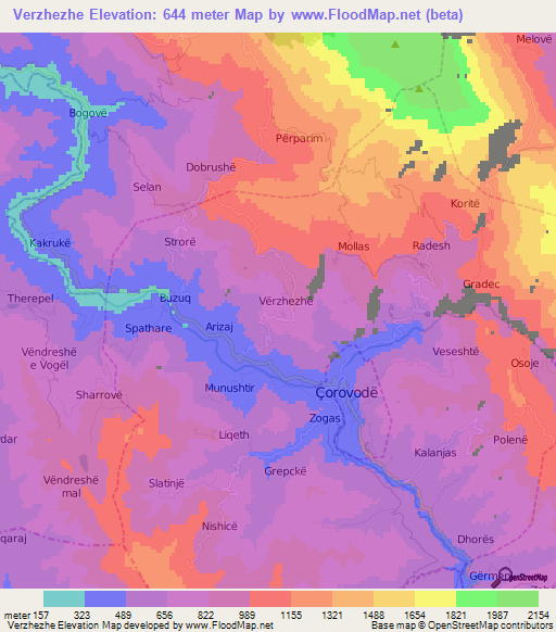 Verzhezhe,Albania Elevation Map